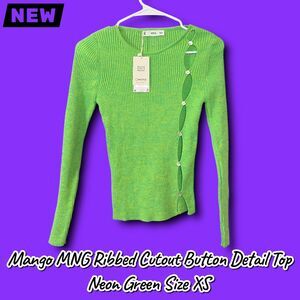 NEW NWT Mango MNG Ribbed Cutout Button Detail Top Neon Green Size XS